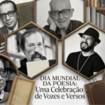 Uma montagem fotográfica em estilo colagem com estética vintage e tons de sépia e cinza. No centro e nas laterais, aparecem retratos de seis grandes poetas em molduras geométricas (hexagonais e circulares): Manuel Bandeira, Carlos Drummond de Andrade, Paulo Leminski, Braúlio Bessa, Fernando Pessoa e um sexto autor clássico. Ao fundo, elementos literários como estantes de livros, páginas abertas e capas de livros antigos sem títulos. Na parte inferior central, destaca-se o texto: "DIA MUNDIAL DA POESIA: Uma Celebração de Vozes e Versos".