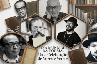 Uma montagem fotográfica em estilo colagem com estética vintage e tons de sépia e cinza. No centro e nas laterais, aparecem retratos de seis grandes poetas em molduras geométricas (hexagonais e circulares): Manuel Bandeira, Carlos Drummond de Andrade, Paulo Leminski, Braúlio Bessa, Fernando Pessoa e um sexto autor clássico. Ao fundo, elementos literários como estantes de livros, páginas abertas e capas de livros antigos sem títulos. Na parte inferior central, destaca-se o texto: "DIA MUNDIAL DA POESIA: Uma Celebração de Vozes e Versos".