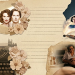 Uma colagem artística e rústica em tons de bege, marrom e sépia, simulando um diário de bordo ou um scrapbook de memórias. A imagem organiza cenas de quatro filmes sobre trajetórias femininas entrelaçadas com objetos que remetem à escrita e ao cinema clássico, sobre um fundo de papel envelhecido com linhas de caderno e bordas rasgadas. Descrição dos Elementos Detalhados Canto Superior Esquerdo: Um projetor de cinema antigo emite um feixe de luz que revela o rosto das atrizes Julianne Moore e Nicole Kidman (caracterizada como Virginia Woolf) do filme As Horas. Elas aparecem cercadas por flores de papel em tons pastéis. Canto Superior Direito: Do bico de uma caneta tinteiro marrom, sai uma nuvem de fumaça artística que envolve as atrizes Taraji P. Henson, Octavia Spencer e Janelle Monáe do filme Estrelas Além do Tempo. Acima delas, um foguete corta o papel em direção ao topo da imagem. Canto Inferior Esquerdo: Uma máquina de escrever vintage ocupa a base, adornada com mais flores secas, simbolizando a materialização das histórias e pautas. Canto Inferior Direito: Uma mão em close-up sustenta, na palma, a cena do filme Que Horas Ela Volta?, onde a personagem de Regina Casé acolhe um jovem em seu colo, representando o amparo e o afeto.