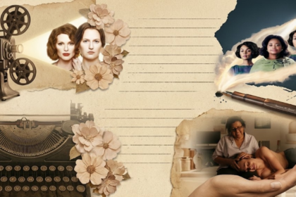 Uma colagem artística e rústica em tons de bege, marrom e sépia, simulando um diário de bordo ou um scrapbook de memórias. A imagem organiza cenas de quatro filmes sobre trajetórias femininas entrelaçadas com objetos que remetem à escrita e ao cinema clássico, sobre um fundo de papel envelhecido com linhas de caderno e bordas rasgadas. Descrição dos Elementos Detalhados Canto Superior Esquerdo: Um projetor de cinema antigo emite um feixe de luz que revela o rosto das atrizes Julianne Moore e Nicole Kidman (caracterizada como Virginia Woolf) do filme As Horas. Elas aparecem cercadas por flores de papel em tons pastéis. Canto Superior Direito: Do bico de uma caneta tinteiro marrom, sai uma nuvem de fumaça artística que envolve as atrizes Taraji P. Henson, Octavia Spencer e Janelle Monáe do filme Estrelas Além do Tempo. Acima delas, um foguete corta o papel em direção ao topo da imagem. Canto Inferior Esquerdo: Uma máquina de escrever vintage ocupa a base, adornada com mais flores secas, simbolizando a materialização das histórias e pautas. Canto Inferior Direito: Uma mão em close-up sustenta, na palma, a cena do filme Que Horas Ela Volta?, onde a personagem de Regina Casé acolhe um jovem em seu colo, representando o amparo e o afeto.