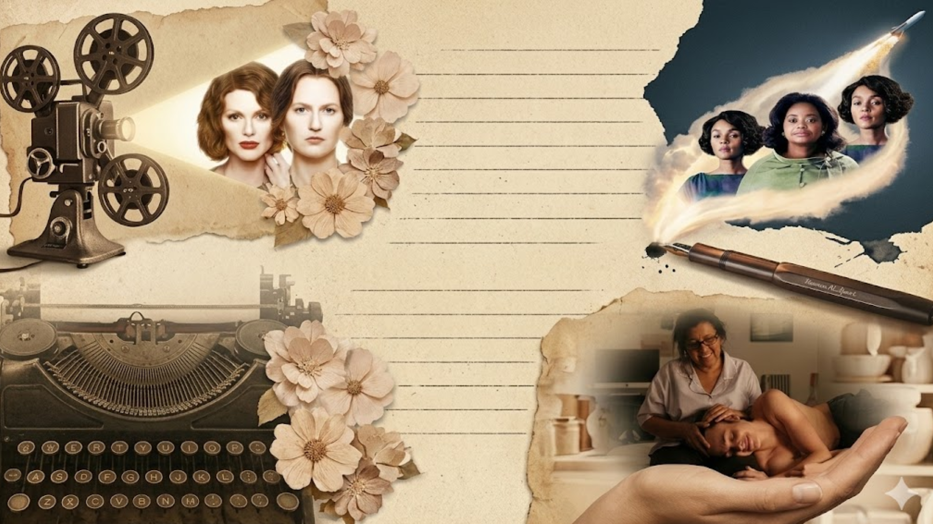 Uma colagem artística e rústica em tons de bege, marrom e sépia, simulando um diário de bordo ou um scrapbook de memórias. A imagem organiza cenas de quatro filmes sobre trajetórias femininas entrelaçadas com objetos que remetem à escrita e ao cinema clássico, sobre um fundo de papel envelhecido com linhas de caderno e bordas rasgadas. Descrição dos Elementos Detalhados Canto Superior Esquerdo: Um projetor de cinema antigo emite um feixe de luz que revela o rosto das atrizes Julianne Moore e Nicole Kidman (caracterizada como Virginia Woolf) do filme As Horas. Elas aparecem cercadas por flores de papel em tons pastéis. Canto Superior Direito: Do bico de uma caneta tinteiro marrom, sai uma nuvem de fumaça artística que envolve as atrizes Taraji P. Henson, Octavia Spencer e Janelle Monáe do filme Estrelas Além do Tempo. Acima delas, um foguete corta o papel em direção ao topo da imagem. Canto Inferior Esquerdo: Uma máquina de escrever vintage ocupa a base, adornada com mais flores secas, simbolizando a materialização das histórias e pautas. Canto Inferior Direito: Uma mão em close-up sustenta, na palma, a cena do filme Que Horas Ela Volta?, onde a personagem de Regina Casé acolhe um jovem em seu colo, representando o amparo e o afeto.