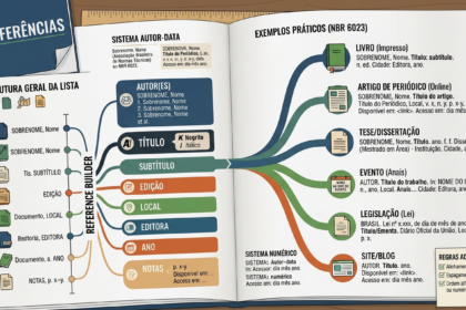A imagem é um infográfico didático apresentado no formato de um livro aberto sobre uma mesa de madeira. O design utiliza cores sóbrias (azul, laranja, verde e bege) para categorizar os elementos de uma referência bibliográfica acadêmica. Lado Esquerdo: Estrutura e Elementos Título Principal: "REFERÊNCIAS" em destaque num box azul. Estrutura Geral: Um fluxograma vertical chamado "Reference Builder" conecta ícones de documentos a campos específicos. Campos Essenciais: Lista os componentes básicos da referência: Autor(es) (em destaque azul), Título (com nota sobre uso de negrito ou itálico), Subtítulo, Edição, Local, Editora, Ano e Notas. Sistemas de Citação: Explica brevemente o "Sistema Autor-Data" (Sobrenome, Ano) e o "Sistema Numérico". Lado Direito: Exemplos Práticos Uma ramificação colorida detalha como formatar diferentes tipos de fontes: Livro Impresso: SOBRENOME, Nome. Título: subtítulo. Edição. Cidade: Editora, ano. Artigo de Periódico: Foco no título do periódico em destaque e informações de volume, número e páginas. Tese/Dissertação: Inclui indicação do grau (Mestrado/Doutorado), instituição e total de folhas. Evento (Anais): Uso do termo "In:" para indicar a publicação nos anais do evento. Legislação: Jurisdição (BRASIL) em letras maiúsculas no início. Site/Blog: Destaque para o campo "Disponível em:" seguido do link e data de acesso. Rodapé: Regras Adicionais Um pequeno lembrete no canto inferior direito reforça as regras de formatação da página: Alinhamento à esquerda. Espaçamento simples. Ordenação alfabética.