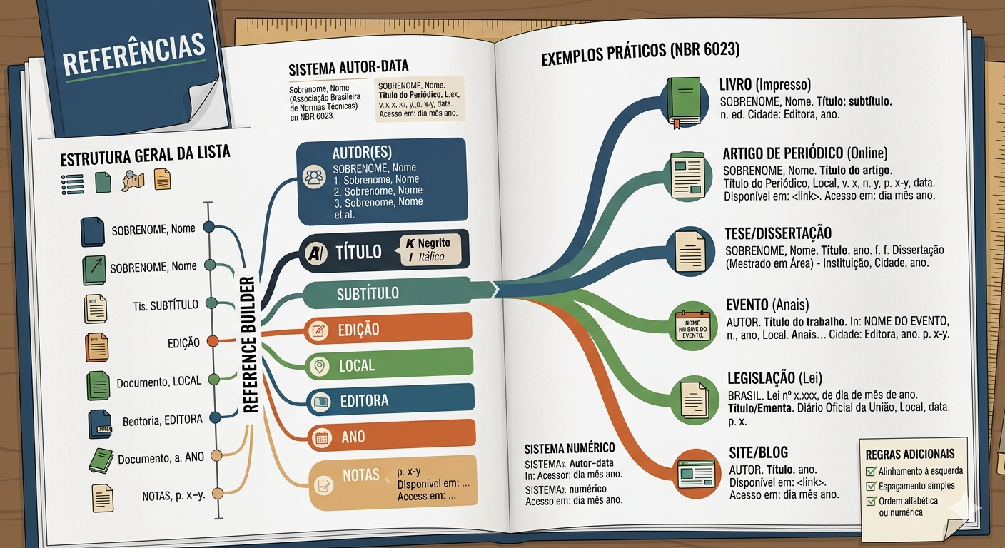 A imagem é um infográfico didático apresentado no formato de um livro aberto sobre uma mesa de madeira. O design utiliza cores sóbrias (azul, laranja, verde e bege) para categorizar os elementos de uma referência bibliográfica acadêmica. Lado Esquerdo: Estrutura e Elementos Título Principal: "REFERÊNCIAS" em destaque num box azul. Estrutura Geral: Um fluxograma vertical chamado "Reference Builder" conecta ícones de documentos a campos específicos. Campos Essenciais: Lista os componentes básicos da referência: Autor(es) (em destaque azul), Título (com nota sobre uso de negrito ou itálico), Subtítulo, Edição, Local, Editora, Ano e Notas. Sistemas de Citação: Explica brevemente o "Sistema Autor-Data" (Sobrenome, Ano) e o "Sistema Numérico". Lado Direito: Exemplos Práticos Uma ramificação colorida detalha como formatar diferentes tipos de fontes: Livro Impresso: SOBRENOME, Nome. Título: subtítulo. Edição. Cidade: Editora, ano. Artigo de Periódico: Foco no título do periódico em destaque e informações de volume, número e páginas. Tese/Dissertação: Inclui indicação do grau (Mestrado/Doutorado), instituição e total de folhas. Evento (Anais): Uso do termo "In:" para indicar a publicação nos anais do evento. Legislação: Jurisdição (BRASIL) em letras maiúsculas no início. Site/Blog: Destaque para o campo "Disponível em:" seguido do link e data de acesso. Rodapé: Regras Adicionais Um pequeno lembrete no canto inferior direito reforça as regras de formatação da página: Alinhamento à esquerda. Espaçamento simples. Ordenação alfabética.