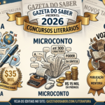 Uma ilustração promocional em estilo vintage e elegante, em tons de creme, azul marinho e dourado, intitulada "GAZETA DO SABER PRESENTS: 2026 CONCURSOS LITERÁRIOS" em uma faixa dourada no topo. Abaixo dela, a imagem está dividida em três seções verticais com ilustrações detalhadas: Esquerda (Poesia): O título "POESIA" está acima e abaixo. Uma pena de escrever e uma caneta tinteiro emergem de um livro aberto, cercadas por folhas de papel flutuantes com textos ilegíveis, um globo terrestre com setas curvas e um selo dourado com "$35 MIL" e uma faixa "PRÊMIO E PUBLICAÇÃO INTERNACIONAL". Centro (Microconto): O título "MICROCONTO" está acima e abaixo. Uma máquina de escrever antiga emite uma longa folha de papel flutuante com blocos de texto, bolhas de diálogo abstratas e as frases "ATÉ 300 CARACTERES" e "PODER DA SÍNTESE". Uma pilha de moedas douradas está à direita com a etiqueta "R$ 15 MIL EM PRÊMIOS". Direita (Conto): O título "CONTO" está acima e abaixo, com o subtítulo "VOZES NEGRAS" em destaque. Uma mulher negra com cabelo trançado ornamentado e acessórios dourados lê um livro aberto com a frase "CONTO INÉDITO". Há um selo dourado com "PUBLICAÇÃO E MENTORIA" e a etiqueta "MENTOR: HENRIQUE RODRIGUES". Abaixo, um livro azul escuro com o logo dourado "PALLAS EDITORA". O fundo tem jornais texturizados com os títulos "GAZETA DO SABER", "FUTURO DA LITERATURA" e "NOVOS TALENTOS". O estilo geral é uma mistura de gravura clássica e design gráfico moderno, com engrenagens douradas e fitas flutuantes. Na borda inferior, uma faixa escura com o texto "VEJA OS EDITAIS NO SITE: GAZETADOSABER.COM/LITERATURA".