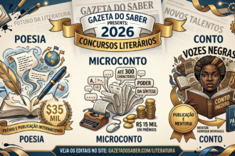 Uma ilustração promocional em estilo vintage e elegante, em tons de creme, azul marinho e dourado, intitulada "GAZETA DO SABER PRESENTS: 2026 CONCURSOS LITERÁRIOS" em uma faixa dourada no topo. Abaixo dela, a imagem está dividida em três seções verticais com ilustrações detalhadas: Esquerda (Poesia): O título "POESIA" está acima e abaixo. Uma pena de escrever e uma caneta tinteiro emergem de um livro aberto, cercadas por folhas de papel flutuantes com textos ilegíveis, um globo terrestre com setas curvas e um selo dourado com "$35 MIL" e uma faixa "PRÊMIO E PUBLICAÇÃO INTERNACIONAL". Centro (Microconto): O título "MICROCONTO" está acima e abaixo. Uma máquina de escrever antiga emite uma longa folha de papel flutuante com blocos de texto, bolhas de diálogo abstratas e as frases "ATÉ 300 CARACTERES" e "PODER DA SÍNTESE". Uma pilha de moedas douradas está à direita com a etiqueta "R$ 15 MIL EM PRÊMIOS". Direita (Conto): O título "CONTO" está acima e abaixo, com o subtítulo "VOZES NEGRAS" em destaque. Uma mulher negra com cabelo trançado ornamentado e acessórios dourados lê um livro aberto com a frase "CONTO INÉDITO". Há um selo dourado com "PUBLICAÇÃO E MENTORIA" e a etiqueta "MENTOR: HENRIQUE RODRIGUES". Abaixo, um livro azul escuro com o logo dourado "PALLAS EDITORA". O fundo tem jornais texturizados com os títulos "GAZETA DO SABER", "FUTURO DA LITERATURA" e "NOVOS TALENTOS". O estilo geral é uma mistura de gravura clássica e design gráfico moderno, com engrenagens douradas e fitas flutuantes. Na borda inferior, uma faixa escura com o texto "VEJA OS EDITAIS NO SITE: GAZETADOSABER.COM/LITERATURA".