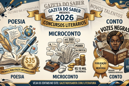 Uma ilustração promocional em estilo vintage e elegante, em tons de creme, azul marinho e dourado, intitulada "GAZETA DO SABER PRESENTS: 2026 CONCURSOS LITERÁRIOS" em uma faixa dourada no topo. Abaixo dela, a imagem está dividida em três seções verticais com ilustrações detalhadas: Esquerda (Poesia): O título "POESIA" está acima e abaixo. Uma pena de escrever e uma caneta tinteiro emergem de um livro aberto, cercadas por folhas de papel flutuantes com textos ilegíveis, um globo terrestre com setas curvas e um selo dourado com "$35 MIL" e uma faixa "PRÊMIO E PUBLICAÇÃO INTERNACIONAL". Centro (Microconto): O título "MICROCONTO" está acima e abaixo. Uma máquina de escrever antiga emite uma longa folha de papel flutuante com blocos de texto, bolhas de diálogo abstratas e as frases "ATÉ 300 CARACTERES" e "PODER DA SÍNTESE". Uma pilha de moedas douradas está à direita com a etiqueta "R$ 15 MIL EM PRÊMIOS". Direita (Conto): O título "CONTO" está acima e abaixo, com o subtítulo "VOZES NEGRAS" em destaque. Uma mulher negra com cabelo trançado ornamentado e acessórios dourados lê um livro aberto com a frase "CONTO INÉDITO". Há um selo dourado com "PUBLICAÇÃO E MENTORIA" e a etiqueta "MENTOR: HENRIQUE RODRIGUES". Abaixo, um livro azul escuro com o logo dourado "PALLAS EDITORA". O fundo tem jornais texturizados com os títulos "GAZETA DO SABER", "FUTURO DA LITERATURA" e "NOVOS TALENTOS". O estilo geral é uma mistura de gravura clássica e design gráfico moderno, com engrenagens douradas e fitas flutuantes. Na borda inferior, uma faixa escura com o texto "VEJA OS EDITAIS NO SITE: GAZETADOSABER.COM/LITERATURA".