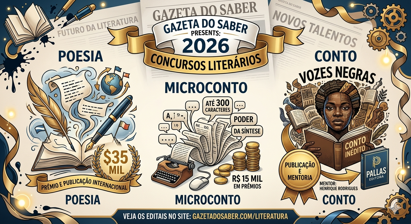 Uma ilustração promocional em estilo vintage e elegante, em tons de creme, azul marinho e dourado, intitulada "GAZETA DO SABER PRESENTS: 2026 CONCURSOS LITERÁRIOS" em uma faixa dourada no topo. Abaixo dela, a imagem está dividida em três seções verticais com ilustrações detalhadas: Esquerda (Poesia): O título "POESIA" está acima e abaixo. Uma pena de escrever e uma caneta tinteiro emergem de um livro aberto, cercadas por folhas de papel flutuantes com textos ilegíveis, um globo terrestre com setas curvas e um selo dourado com "$35 MIL" e uma faixa "PRÊMIO E PUBLICAÇÃO INTERNACIONAL". Centro (Microconto): O título "MICROCONTO" está acima e abaixo. Uma máquina de escrever antiga emite uma longa folha de papel flutuante com blocos de texto, bolhas de diálogo abstratas e as frases "ATÉ 300 CARACTERES" e "PODER DA SÍNTESE". Uma pilha de moedas douradas está à direita com a etiqueta "R$ 15 MIL EM PRÊMIOS". Direita (Conto): O título "CONTO" está acima e abaixo, com o subtítulo "VOZES NEGRAS" em destaque. Uma mulher negra com cabelo trançado ornamentado e acessórios dourados lê um livro aberto com a frase "CONTO INÉDITO". Há um selo dourado com "PUBLICAÇÃO E MENTORIA" e a etiqueta "MENTOR: HENRIQUE RODRIGUES". Abaixo, um livro azul escuro com o logo dourado "PALLAS EDITORA". O fundo tem jornais texturizados com os títulos "GAZETA DO SABER", "FUTURO DA LITERATURA" e "NOVOS TALENTOS". O estilo geral é uma mistura de gravura clássica e design gráfico moderno, com engrenagens douradas e fitas flutuantes. Na borda inferior, uma faixa escura com o texto "VEJA OS EDITAIS NO SITE: GAZETADOSABER.COM/LITERATURA".