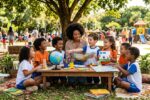 Uma cena ensolarada e inspiradora ao ar livre mostra uma professora negra sorridente sentada sob a sombra de uma grande árvore, rodeada por um grupo diversificado de crianças em idade escolar. Elas estão reunidas em torno de uma mesa de madeira baixa, forrada com tapetes na grama. Sobre a mesa, há um globo terrestre, livros coloridos, lápis de cor e desenhos. As crianças expressam alegria e curiosidade enquanto interagem com a professora e os materiais didáticos. Ao fundo, vê-se um parque arborizado com um parquinho infantil, sugerindo um ambiente de aprendizado lúdico, inclusivo e integrado à natureza.