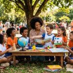 Uma cena ensolarada e inspiradora ao ar livre mostra uma professora negra sorridente sentada sob a sombra de uma grande árvore, rodeada por um grupo diversificado de crianças em idade escolar. Elas estão reunidas em torno de uma mesa de madeira baixa, forrada com tapetes na grama. Sobre a mesa, há um globo terrestre, livros coloridos, lápis de cor e desenhos. As crianças expressam alegria e curiosidade enquanto interagem com a professora e os materiais didáticos. Ao fundo, vê-se um parque arborizado com um parquinho infantil, sugerindo um ambiente de aprendizado lúdico, inclusivo e integrado à natureza.