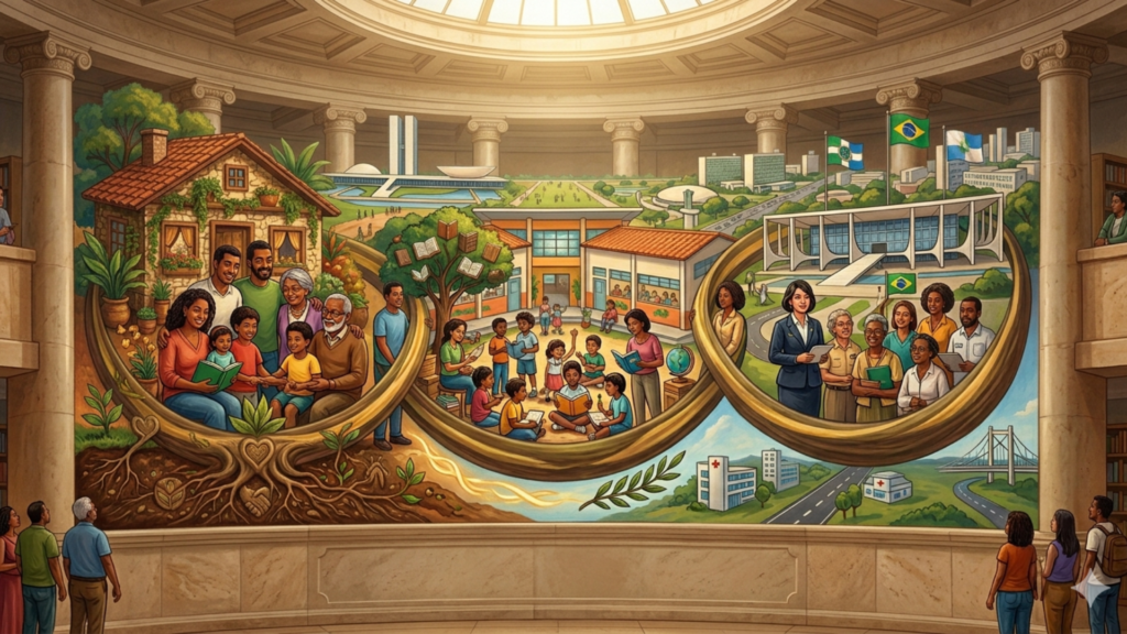 Aqui está o texto alternativo detalhado para a imagem, focado na descrição dos elementos e na simbologia da composição:

Texto alternativo:
Uma ilustração rica e detalhada em estilo de mural clássico, representando o elo entre Família, Escola e Estado na educação. A imagem é composta por três círculos entrelaçados como anéis, cada um contendo uma cena distinta: à esquerda, uma família multigeracional sorridente em frente a uma casa acolhedora; ao centro, uma escola vibrante com crianças estudando e uma árvore cujas folhas são livros; à direita, representantes de instituições públicas e prédios governamentais, simbolizando o suporte do Estado. Ao fundo, vê-se a arquitetura de Brasília e a bandeira do Brasil. O mural está exposto em uma grande galeria com colunas, onde diversas pessoas observam a obra, reforçando a ideia de que a educação é um compromisso coletivo e monumental da sociedade.