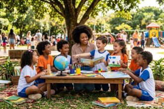 Uma cena ensolarada e inspiradora ao ar livre mostra uma professora negra sorridente sentada sob a sombra de uma grande árvore, rodeada por um grupo diversificado de crianças em idade escolar. Elas estão reunidas em torno de uma mesa de madeira baixa, forrada com tapetes na grama. Sobre a mesa, há um globo terrestre, livros coloridos, lápis de cor e desenhos. As crianças expressam alegria e curiosidade enquanto interagem com a professora e os materiais didáticos. Ao fundo, vê-se um parque arborizado com um parquinho infantil, sugerindo um ambiente de aprendizado lúdico, inclusivo e integrado à natureza.