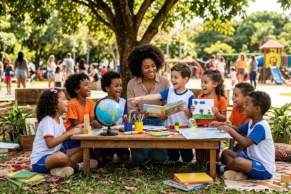 Uma cena ensolarada e inspiradora ao ar livre mostra uma professora negra sorridente sentada sob a sombra de uma grande árvore, rodeada por um grupo diversificado de crianças em idade escolar. Elas estão reunidas em torno de uma mesa de madeira baixa, forrada com tapetes na grama. Sobre a mesa, há um globo terrestre, livros coloridos, lápis de cor e desenhos. As crianças expressam alegria e curiosidade enquanto interagem com a professora e os materiais didáticos. Ao fundo, vê-se um parque arborizado com um parquinho infantil, sugerindo um ambiente de aprendizado lúdico, inclusivo e integrado à natureza.