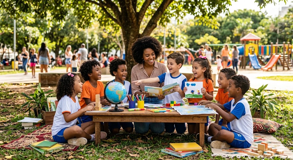 Uma cena ensolarada e inspiradora ao ar livre mostra uma professora negra sorridente sentada sob a sombra de uma grande árvore, rodeada por um grupo diversificado de crianças em idade escolar. Elas estão reunidas em torno de uma mesa de madeira baixa, forrada com tapetes na grama. Sobre a mesa, há um globo terrestre, livros coloridos, lápis de cor e desenhos. As crianças expressam alegria e curiosidade enquanto interagem com a professora e os materiais didáticos. Ao fundo, vê-se um parque arborizado com um parquinho infantil, sugerindo um ambiente de aprendizado lúdico, inclusivo e integrado à natureza.
