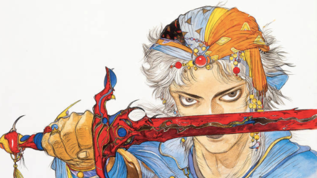 Uma ilustração horizontal colorida e close-up mostra um homem de olhos verdes voltado para a esquerda e para a frente com uma espada vermelha e azul à frente de seu nariz. A ilustração é renderizada em caneta e tinta e estilo anime. O homem de olhos verdes e cabelos brancos tem uma bandana multicolorida, uma camisa azul e uma espada vermelha e amarela que ele segura na mão direita na frente de seu rosto. Sua mão segura a espada e tem um anel azul e dourado e uma pulseira vermelha e dourada. Ele tem um brinco dourado e uma pulseira dourada. A espada é vermelha com detalhes dourados e um padrão azul. Ele tem olhos verdes, cabelos brancos e pele clara. Seus cabelos são messy e cobrem sua testa. A ilustração é colorida e tem um fundo branco.