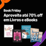 Banner promocional da Book Friday da Amazon com fundo preto. O texto em destaque diz: "Book Friday – Aproveite até 70% off em Livros e eBooks". Na parte inferior, aparecem cinco capas de livros: A morte é um dia que vale a pena viver, de Ana Claudia Quintana Arantes; Reino Oculto, de Holly Renee; A Hipótese do Amor, de Ali Hazelwood; e duas edições de Como Arruinar um Casamento, de Alison Espach. No canto superior esquerdo, aparece parcialmente o logo da Amazon na cor laranja.