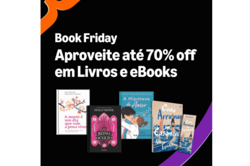 Banner promocional da Book Friday da Amazon com fundo preto. O texto em destaque diz: "Book Friday – Aproveite até 70% off em Livros e eBooks". Na parte inferior, aparecem cinco capas de livros: A morte é um dia que vale a pena viver, de Ana Claudia Quintana Arantes; Reino Oculto, de Holly Renee; A Hipótese do Amor, de Ali Hazelwood; e duas edições de Como Arruinar um Casamento, de Alison Espach. No canto superior esquerdo, aparece parcialmente o logo da Amazon na cor laranja.