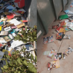 Uma imagem composta de duas fotografias verticais justapostas, ambas retratando o descarte em massa de livros em um ambiente urbano ao ar livre. A fotografia da esquerda mostra o interior de um grande contêiner de metal de lixo industrial. O contêiner está quase cheio até a borda com uma pilha desordenada e emaranhada de centenas, talvez milhares, de livros. Os livros são de vários tamanhos, com capas de cores diferentes (vermelho, amarelo, azul, verde, branco), muitas delas desgastadas, amassadas ou abertas, criando um amontoado caótico de papel e papelão. No canto inferior direito da imagem, um arbusto verde frondoso obscurece parcialmente a borda do contêiner e alguns dos livros, sugerindo que a cena foi capturada de um ângulo lateral. A fotografia da direita mostra o chão de concreto ao lado da base de um grande contêiner de lixo industrial de plástico verde-oliva. Vários livros de bolso, muitos com capas vibrantes de estilo anime ou mangá (como "Fushigi Yugi" visível), estão espalhados desordenadamente pelo chão de concreto empoeirado ao redor do contêiner. Mais livros estão empilhados ou caídos perto da base do contêiner. O chão parece desgastado e sujo. A luz do dia brilha intensamente nas duas cenas.