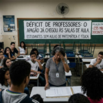 "Imagem com estilo jornalístico realista mostrando o interior de uma sala de aula brasileira com iluminação natural. No centro, uma professora de meia-idade aparece visivelmente exausta, com a mão na testa, diante de uma mesa cheia de papéis, cercada por estudantes atentos e preocupados. Ao fundo, um quadro verde exibe uma faixa com os dizeres: 'Déficit de Professores: o apagão já chegou às salas de aula. Estudantes sem aulas de Matemática e Física', além de um cartaz lateral indicando 'Projeção 2040: -235 mil docentes'. O clima é de tensão e urgência, refletindo a crise educacional do país."