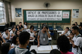 "Imagem com estilo jornalístico realista mostrando o interior de uma sala de aula brasileira com iluminação natural. No centro, uma professora de meia-idade aparece visivelmente exausta, com a mão na testa, diante de uma mesa cheia de papéis, cercada por estudantes atentos e preocupados. Ao fundo, um quadro verde exibe uma faixa com os dizeres: 'Déficit de Professores: o apagão já chegou às salas de aula. Estudantes sem aulas de Matemática e Física', além de um cartaz lateral indicando 'Projeção 2040: -235 mil docentes'. O clima é de tensão e urgência, refletindo a crise educacional do país."