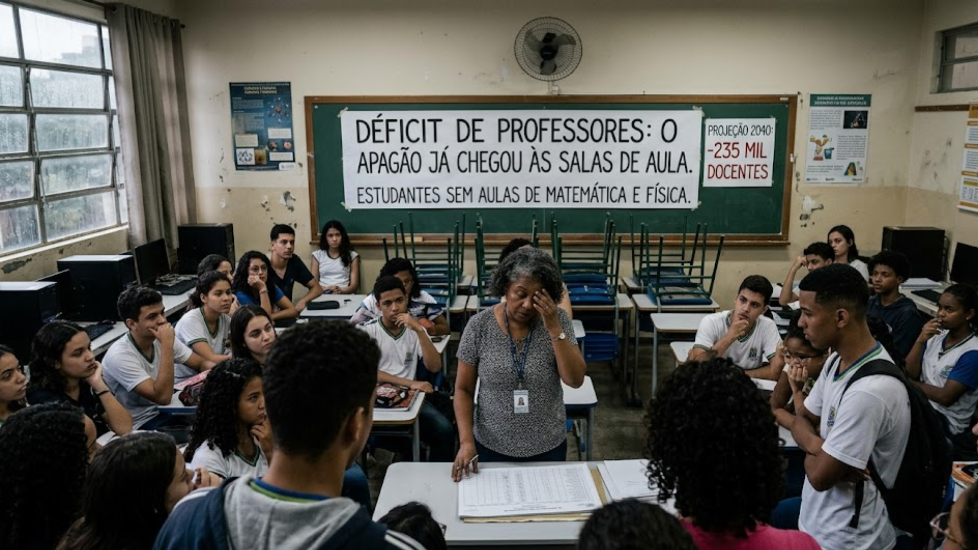 "Imagem com estilo jornalístico realista mostrando o interior de uma sala de aula brasileira com iluminação natural. No centro, uma professora de meia-idade aparece visivelmente exausta, com a mão na testa, diante de uma mesa cheia de papéis, cercada por estudantes atentos e preocupados. Ao fundo, um quadro verde exibe uma faixa com os dizeres: 'Déficit de Professores: o apagão já chegou às salas de aula. Estudantes sem aulas de Matemática e Física', além de um cartaz lateral indicando 'Projeção 2040: -235 mil docentes'. O clima é de tensão e urgência, refletindo a crise educacional do país."