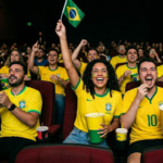 Um grupo de torcedores brasileiros sentados em uma sala de cinema escura, com poltronas vermelhas, assistindo a algo. Eles estão vestindo camisetas amarelas da seleção brasileira de futebol e celebrando com alegria. Algumas pessoas têm pinturas faciais nas cores do Brasil, uma mulher segura uma pequena bandeira brasileira levantada no ar, e várias pessoas seguram baldes de pipoca e copos de bebida. O ambiente transmite uma atmosfera de entusiasmo e comemoração.