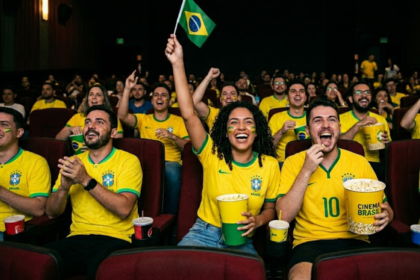 Um grupo de torcedores brasileiros sentados em uma sala de cinema escura, com poltronas vermelhas, assistindo a algo. Eles estão vestindo camisetas amarelas da seleção brasileira de futebol e celebrando com alegria. Algumas pessoas têm pinturas faciais nas cores do Brasil, uma mulher segura uma pequena bandeira brasileira levantada no ar, e várias pessoas seguram baldes de pipoca e copos de bebida. O ambiente transmite uma atmosfera de entusiasmo e comemoração.