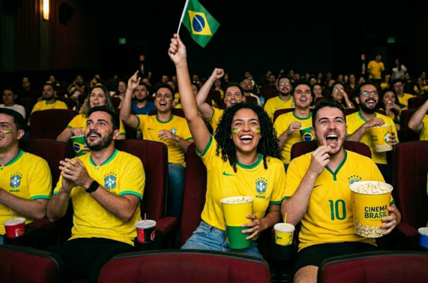 Um grupo de torcedores brasileiros sentados em uma sala de cinema escura, com poltronas vermelhas, assistindo a algo. Eles estão vestindo camisetas amarelas da seleção brasileira de futebol e celebrando com alegria. Algumas pessoas têm pinturas faciais nas cores do Brasil, uma mulher segura uma pequena bandeira brasileira levantada no ar, e várias pessoas seguram baldes de pipoca e copos de bebida. O ambiente transmite uma atmosfera de entusiasmo e comemoração.