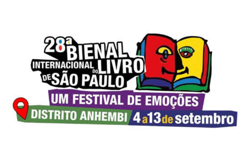 Logotipo da 28ª Bienal Internacional do Livro de São Paulo. A arte apresenta o texto principal em letras pretas e brancas com o título do evento, acompanhado à direita por um livro aberto estilizado que exibe rostos coloridos em suas páginas (um lado vermelho com azul e outro amarelo com verde). Abaixo, há duas faixas coloridas: uma roxa com o texto "Um festival de emoções" e outra verde e azul com a localização "Distrito Anhembi" (ao lado de um ícone de marcador de mapa vermelho) e a data "4 a 13 de setembro".