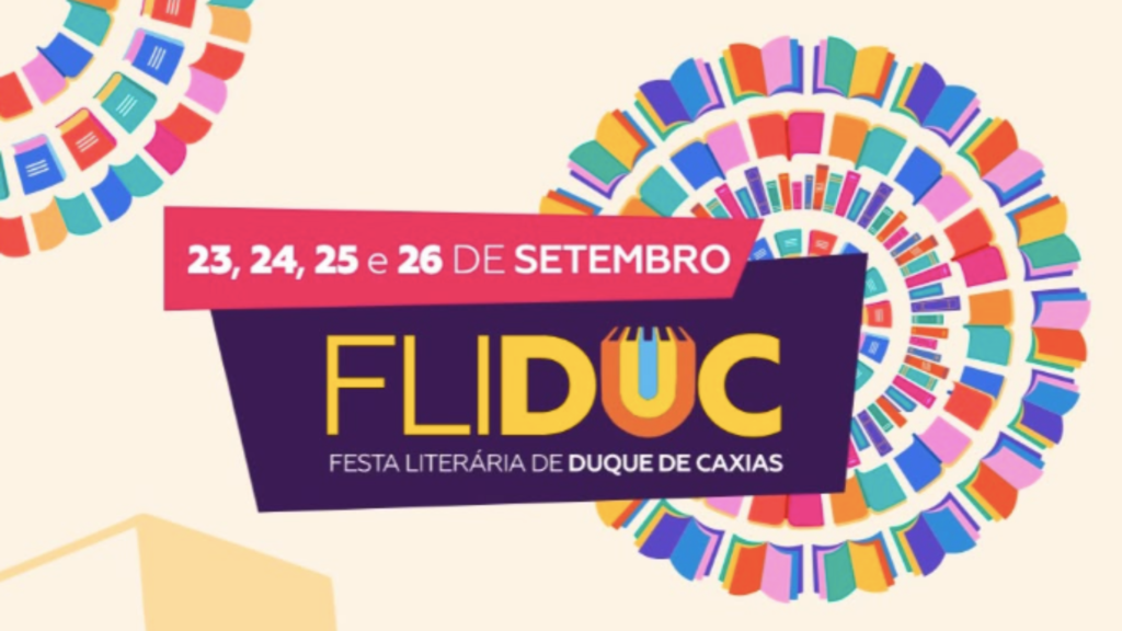 Arte de divulgação da FLIDUC 2026, Festa Literária de Duque de Caxias, nas cores rosa, roxo e amarelo, com ilustrações de livros coloridos em formato circular e o texto "23, 24, 25 e 26 de setembro".