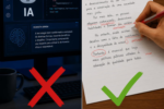 Montagem contrasta IA proibida com redação corrigida à mão