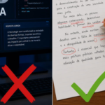 Montagem contrasta IA proibida com redação corrigida à mão