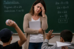 Uma professora em pé, diante de uma lousa ou de alunos, com expressão de cansaço ou preocupação.