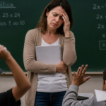 Uma professora em pé, diante de uma lousa ou de alunos, com expressão de cansaço ou preocupação.