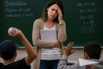 Uma professora em pé, diante de uma lousa ou de alunos, com expressão de cansaço ou preocupação.