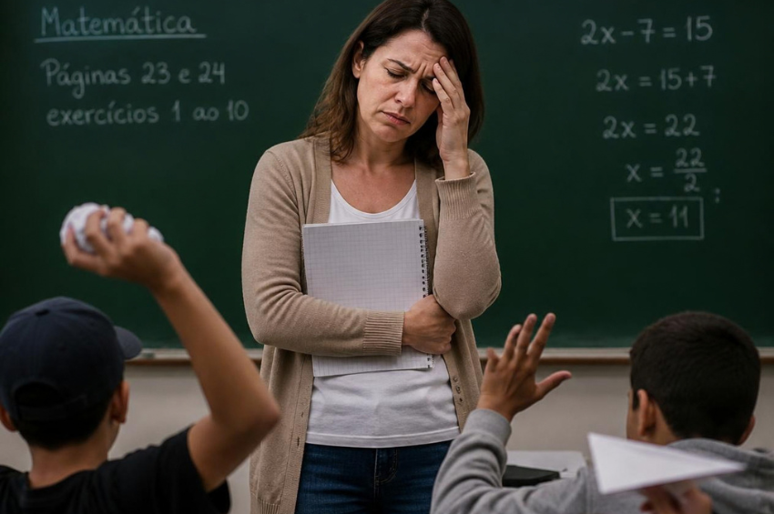 Uma professora em pé, diante de uma lousa ou de alunos, com expressão de cansaço ou preocupação.